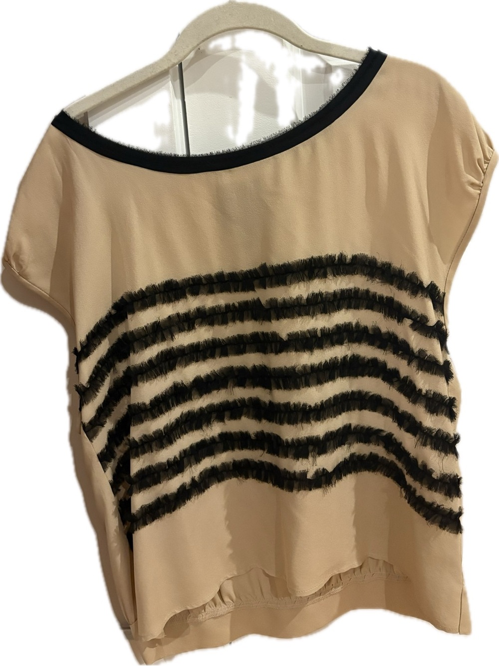 McGinn Beige Short-Sleeve Top with Black Fringe Stripes